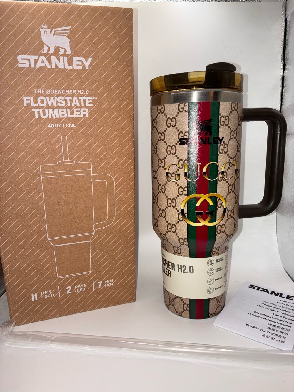 Stanley Brown Monogram Tumbler with Green and Red Accent Stripe